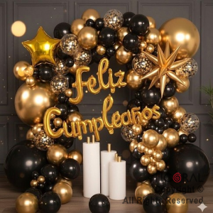 SET DE GLOBOS ARCO XL NEGRO Y ORO 60 UNIDADES (U20-266)